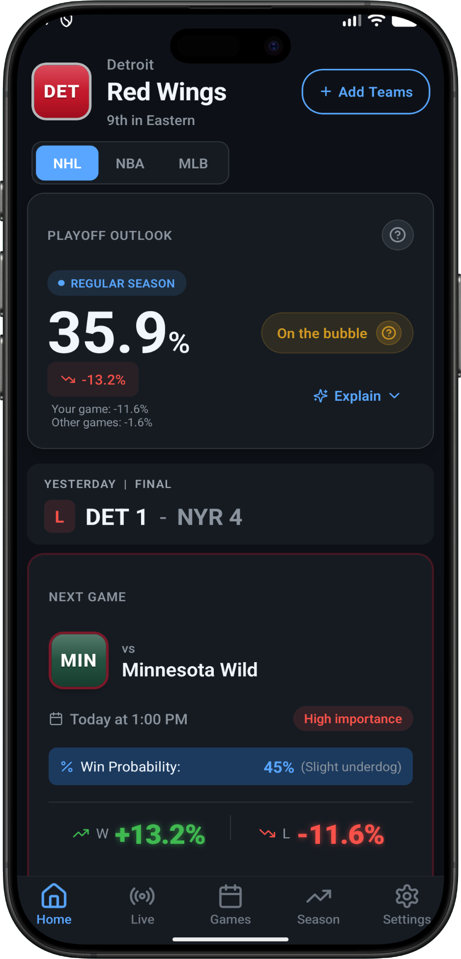 Clinch home screen showing playoff outlook, last game result, and next-game impact