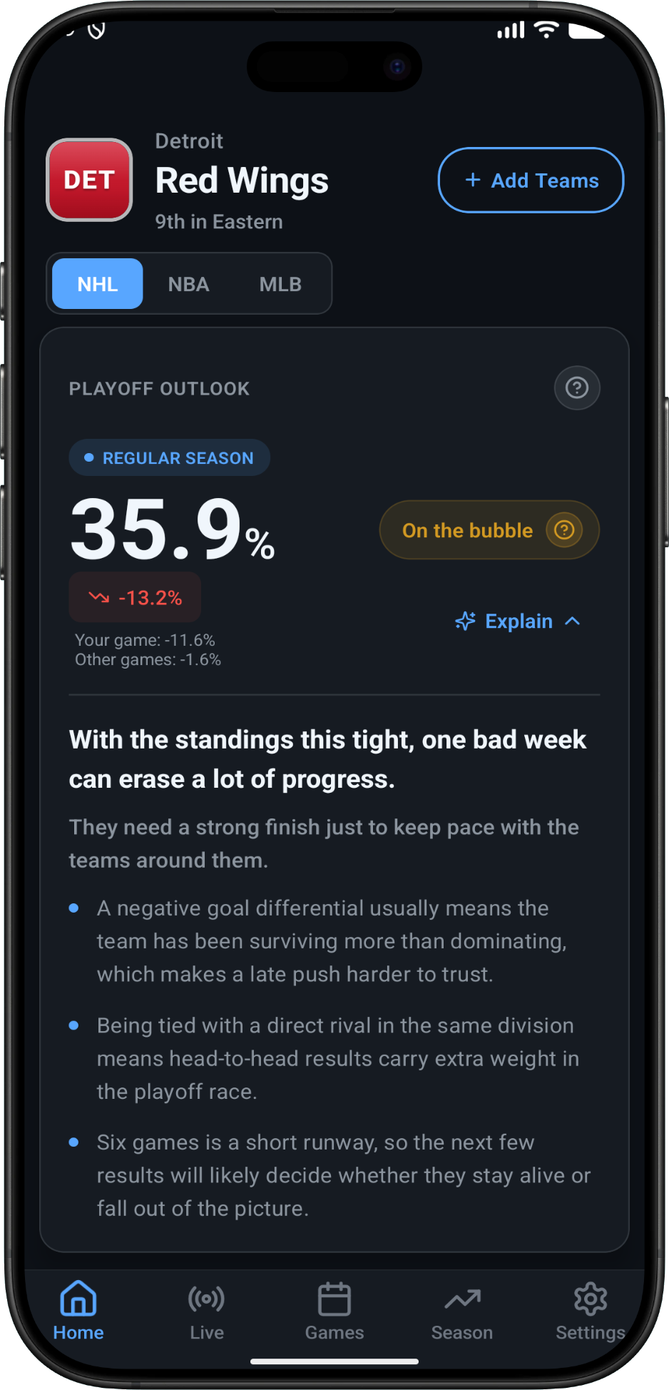 Clinch AI explanation view breaking down why a team's playoff odds changed